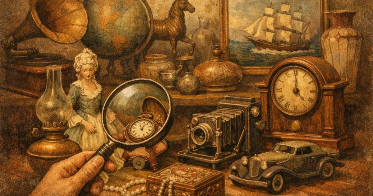 a photo of vintage and antique collectible items such as toys, dolls and clocks