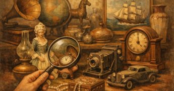 a photo of vintage and antique collectible items such as toys, dolls and clocks
