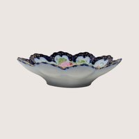 1910s Porcelain Scalloped Bowl Cobalt Gold Floral Serving Dish