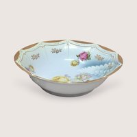 A vintage white ceramic watering can vase from Thames Japan. Features a hand-painted duck in flight across the front with pink floral accents and gold trim along the rim and spout. 4.25 inches tall.