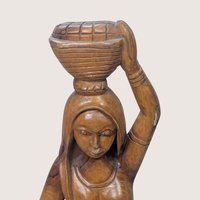 1970s Hand Carved Solid Wood Woman with Basket Statue