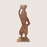 1970s Hand Carved Solid Wood Woman with Basket Statue
