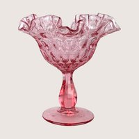 Vintage Fenton Cranberry Glass Pink Thumbprint Pedestal Compote