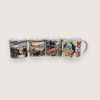 Set of four white ceramic mini mugs featuring colorful vintage circus poster illustrations lined up in a row.
