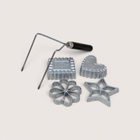 Nordic Ware double rosette and timbale iron set with four cast aluminum molds and a black wood handle.