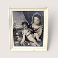 Framed classical art print depicting the Madonna and Child with an infant John the Baptist, on a neutral background.