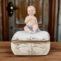 Bisque Porcelain Trinket Box, Baby with Blue Blanket Figurine, Keepsake Box, Nursery Decor, Gift for Baby Shower, Christening Gift