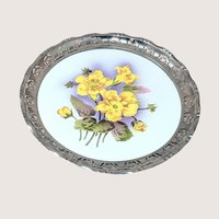 1960s BMF Germany Floral Porcelain Tray with Silver Plate Gallery Rim
