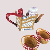 1990s Dept 56 Ceramic Little Red Riding Hood Teapot and Tea Cup Set
