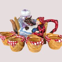 1990s Dept 56 Ceramic Little Red Riding Hood Teapot and Tea Cup Set