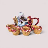 Department 56 Little Red Riding Hood ceramic teapot with wolf in bed and four matching basket weave tea cups.