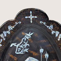 1960s Asian Black Lacquer Mother of Pearl Inlaid Wall Platter