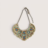 Intricate gold beaded bib necklace featuring turquoise, red, and blue accents with clear rhinestones.