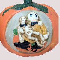 1990s Ceramic Pumpkin Skeleton Tealight Candle Holder Set