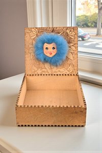 Vintage Pyrography Wood Box with Furry Face