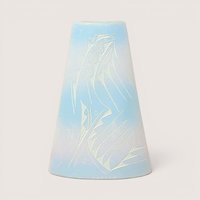 Tapered pastel blue and pink ceramic vase with etched geometric Southwestern sgraffito designs.