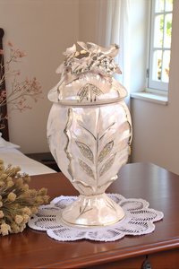 Vintage Pink Iridescent Ceramic Bird and Grape Compote