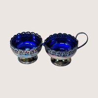 1950s English Celtic Silverplated Cobalt Blue Glass Cream Sugar Set