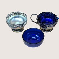 1950s English Celtic Silverplated Cobalt Blue Glass Cream Sugar Set