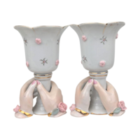 Vintage Pair of Ceramic Hands Holding Candle Holders, Vases, Pink Roses, Gold Trim, Mid Century, Vanity Decor, Shabby Chic, Figural