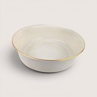 Vintage 1980s Lenox cream porcelain floral lace bowl with gold rim on neutral background.