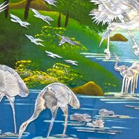 Vintage Asian Lacquer Mother of Pearl Inlay Crane Bird Wall Panel