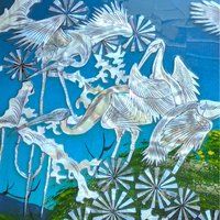 Vintage Asian Lacquer Mother of Pearl Inlay Crane Bird Wall Panel