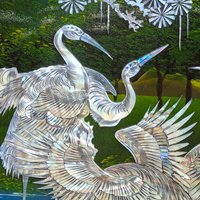 Vintage Asian Lacquer Mother of Pearl Inlay Crane Bird Wall Panel