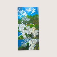 A vintage Asian wall panel featuring cranes amidst trees and water inlaid with mother of pearl.