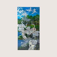 A vintage Asian wall panel showing cranes gather in a lush landscape beside water, inlaid with mother of pearl.