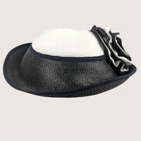Vintage Jody G for Sylvia Black and White Straw Cocktail Brim Hat