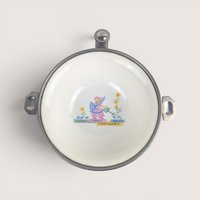 Vintage GW Company child's bowl featuring a Mary Mary Quite Contrary graphic and metal handles.