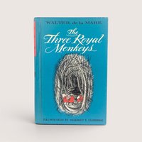 Vintage teal hardcover edition of The Three Royal Monkeys by Walter de la Mare with an illustration of three small figures.