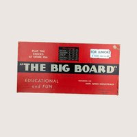 The vintage red and black box for The Big Board stock exchange game against a light background