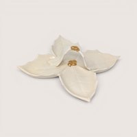 Vintage mid century white ceramic four part holly leaf relish dish with a central handle accented with gold gilded berries.