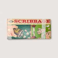 Vintage 1963 Scribbage word game box by E.S. Lowe featuring retro illustrations of letter dice an hourglass and hands.
