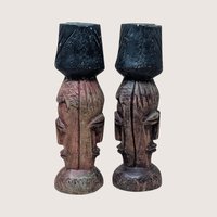 1970s Hand Carved Wood Candlestick Holders Pair