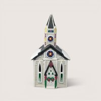 Vintage 1995 Claire Burke Christmas Memories handpainted ceramic church tealight candle holder luminary with a black steeple.