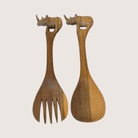 1980s Hand Carved Wood Safari Animal Bowl and Utensils Set