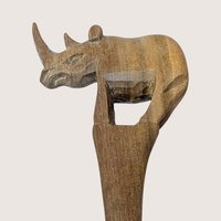 1980s Hand Carved Wood Safari Animal Bowl and Utensils Set