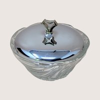 1940s Vintage Art Deco Clear Swirl Glass Vanity Dresser Jar with Chrome Lid