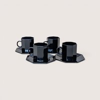 1980s Arcoroc France Octime Black Glass Demitasse Cup and Saucer Set of 4