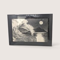 Matted graphite pencil drawing of a surreal moonlit seascape with a crashing wave.