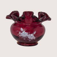 1970s Fenton Ruby Red Hand Painted Ruffled Rose Bowl Vase