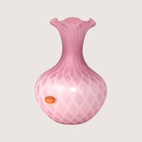 Vintage Murano pink diamond quilt art glass vase with white latticino pattern and original foil label.