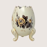 1960s Napcoware Ceramic Three Footed Egg Vase Yellow Rose