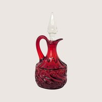 1960s Fenton Ruby Red Glass Cruet Scroll Pattern with Crystal Stopper 
