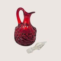 1960s Fenton Ruby Red Glass Cruet Scroll Pattern with Crystal Stopper 