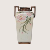 Antique Nippon Floral Porcelain Hand Painted Two Handle Urn Vase 