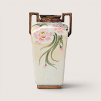 Antique four-sided Nippon porcelain vase hand-painted with pink peonies and trimmed with geometric handles on a linen background.